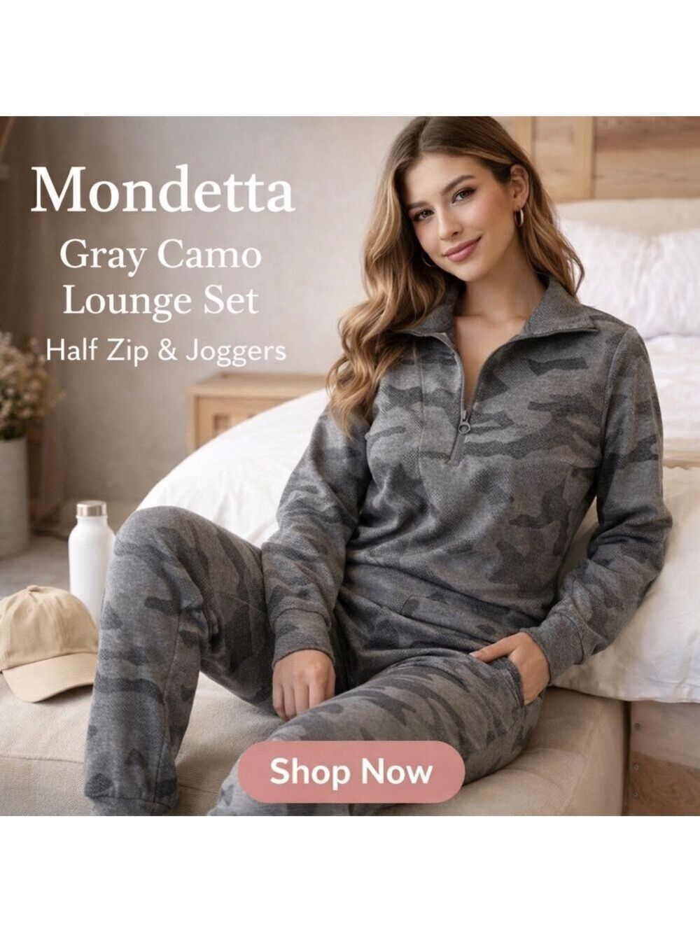 Mondetta Gray Camo Lounge Set Half Zip Pullover & Joggers Size Small Athleisure